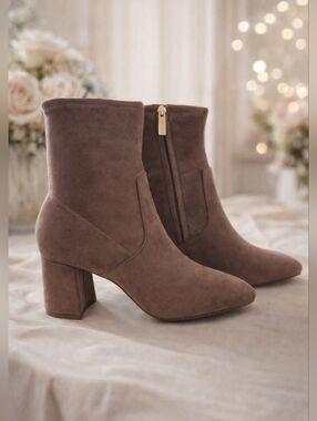 Anne Klein Taupe Suede Block Heel Ankle Boots